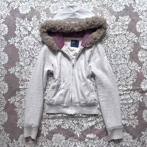 American Eagle Outfitters White Zip Up with Faux Fur Trim